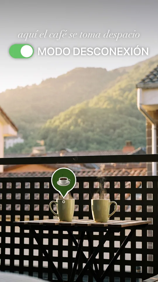 Historia del hotel: dos tazas en el balcón frente al monte, «Modo desconexión», «aquí el café se toma despacio»