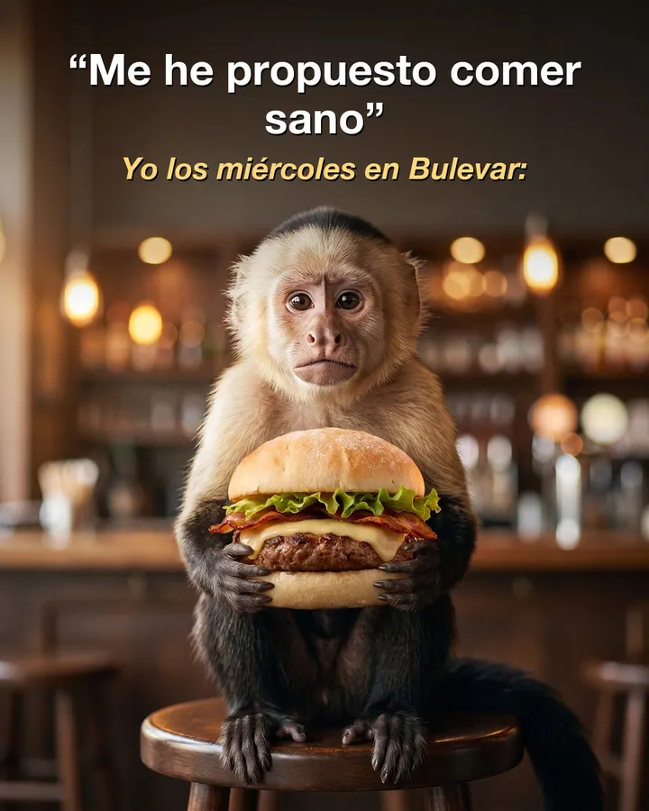 Meme para Bulevar: «Me he propuesto comer sano. Yo los miércoles en Bulevar:» con un mono sujetando su hamburguesa