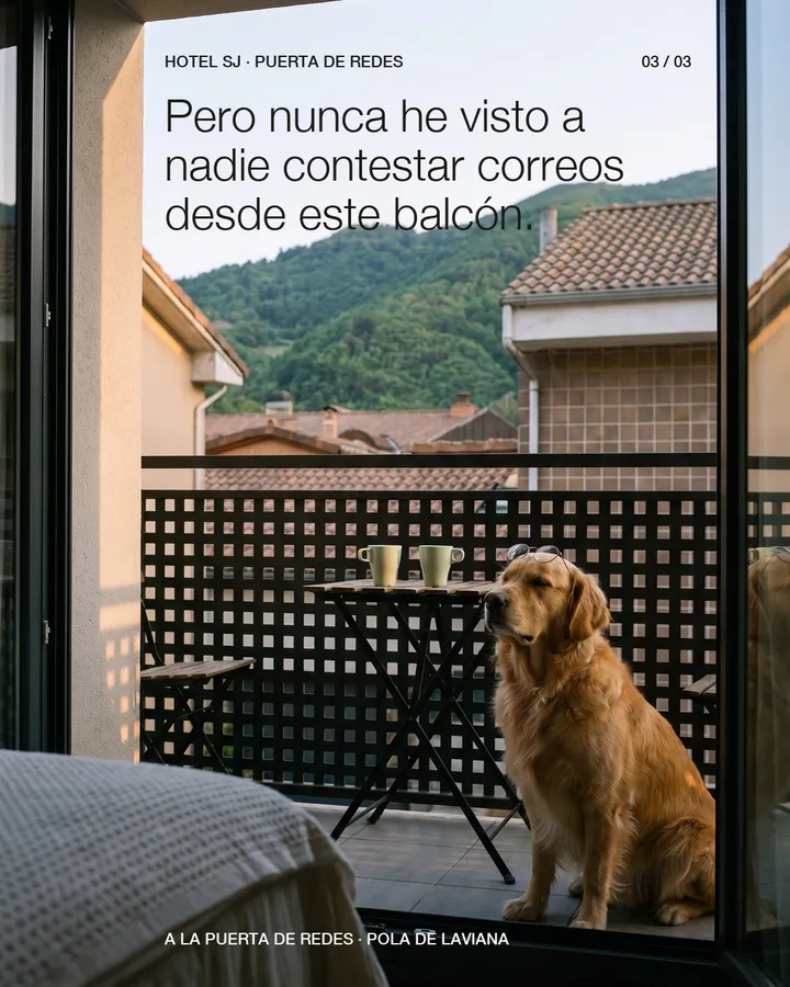 3 de 3: «Pero nunca he visto a nadie contestar correos desde este balcón», el perro relajado en el balcón de la suite