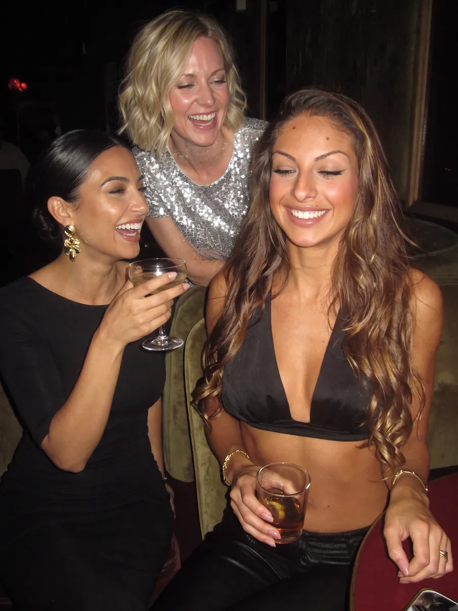 Silvia con dos amigas en una coctelería de noche, con flash